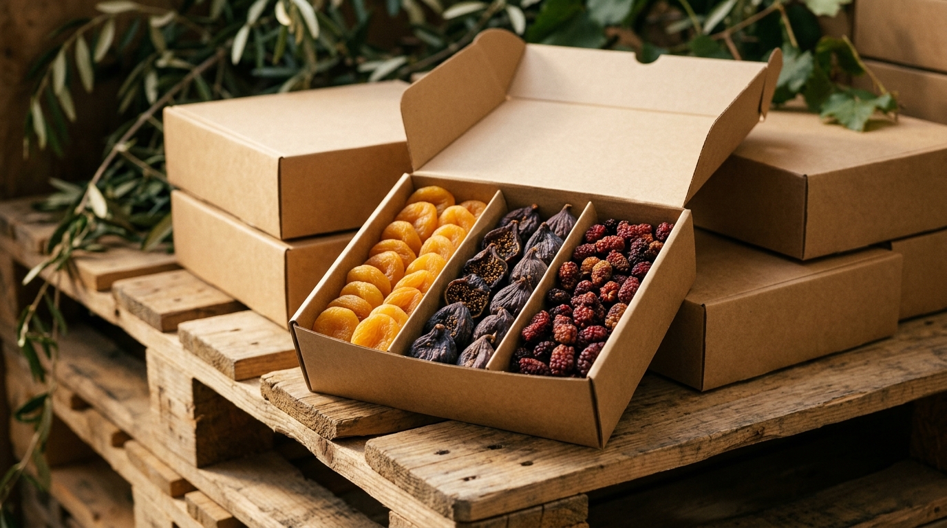 Truefoods export — kraft cartons of dried apricots, figs and mulberries on a wooden pallet